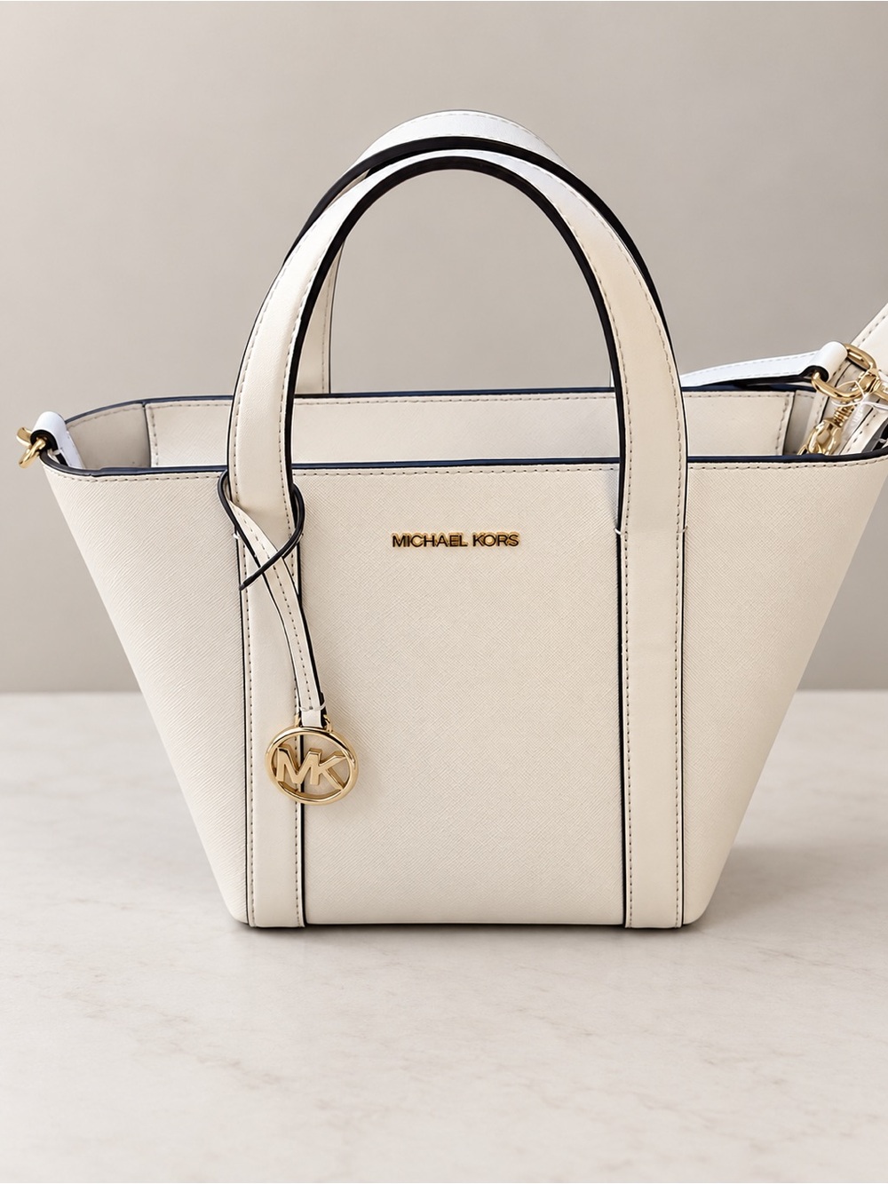 Michael Kors Ivory Saffiano Leather Tote with Gold MK Charm